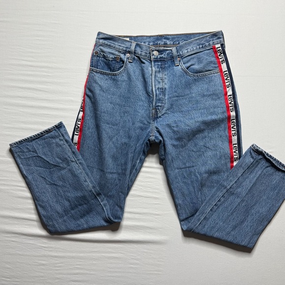 LEVIS 501 Big E Jeans Womens 30x28 Side Stripe Logo Button Fly Blue Denim Vintag - Picture 1 of 7
